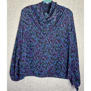 Vintage 80s/90s Blue Pink Black Abstract Floral Blouse Long Sleeve High Neck XL